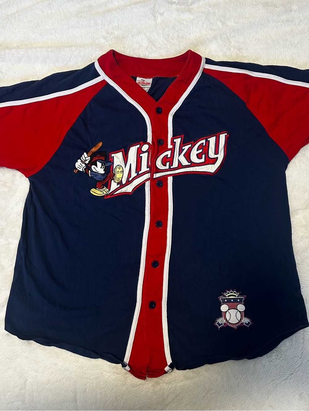Vintage Disney Store Mickey Mouse Baseball Jersey Mens Blue Red Button Up Medium